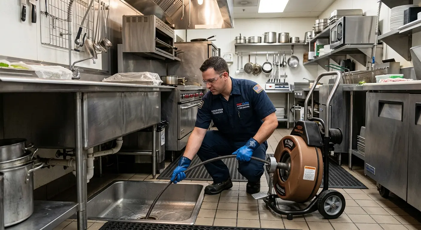 Commercial drain cleaning service in a restaurant kitchen in Southchase