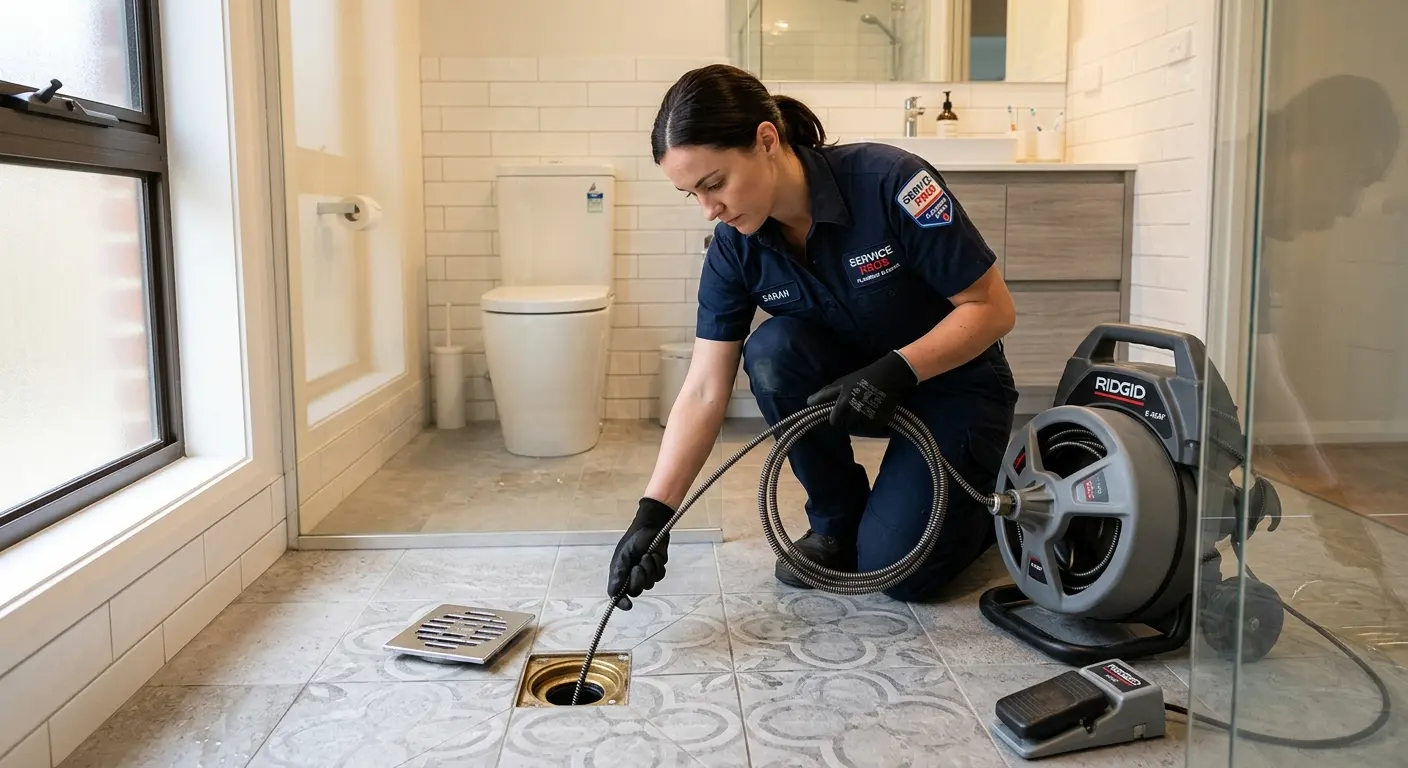 Technician clearing a bathroom floor drain for Sewer Line Installation in Southchase